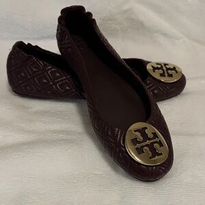 Tory Burch Claire Quilted Maroon Flats with Gold Logo